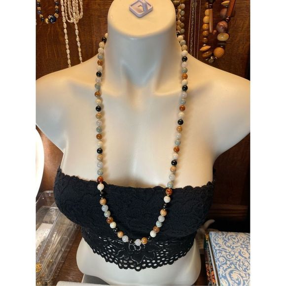 14KT Yellow Gold Multicolor Semi Precious Gemstone Beaded Necklace 33.5” Long